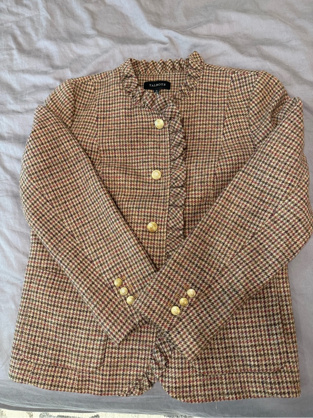 NWOT Talbots Brown Multi Houndstooth Ruffle-Trim Tweed Blazer Size 12